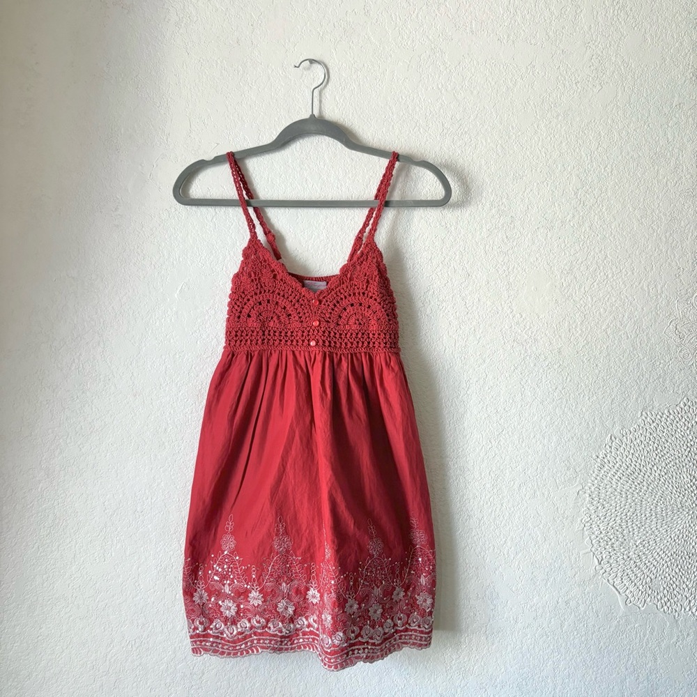 Red Crochet Bodice Sundress with Embroidered Hem